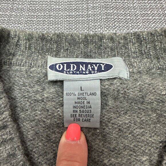 Shetland Wool Sweater Mens Large Grey‎ Center Stripes Old Navy Gorpcore - Picture 2 of 8